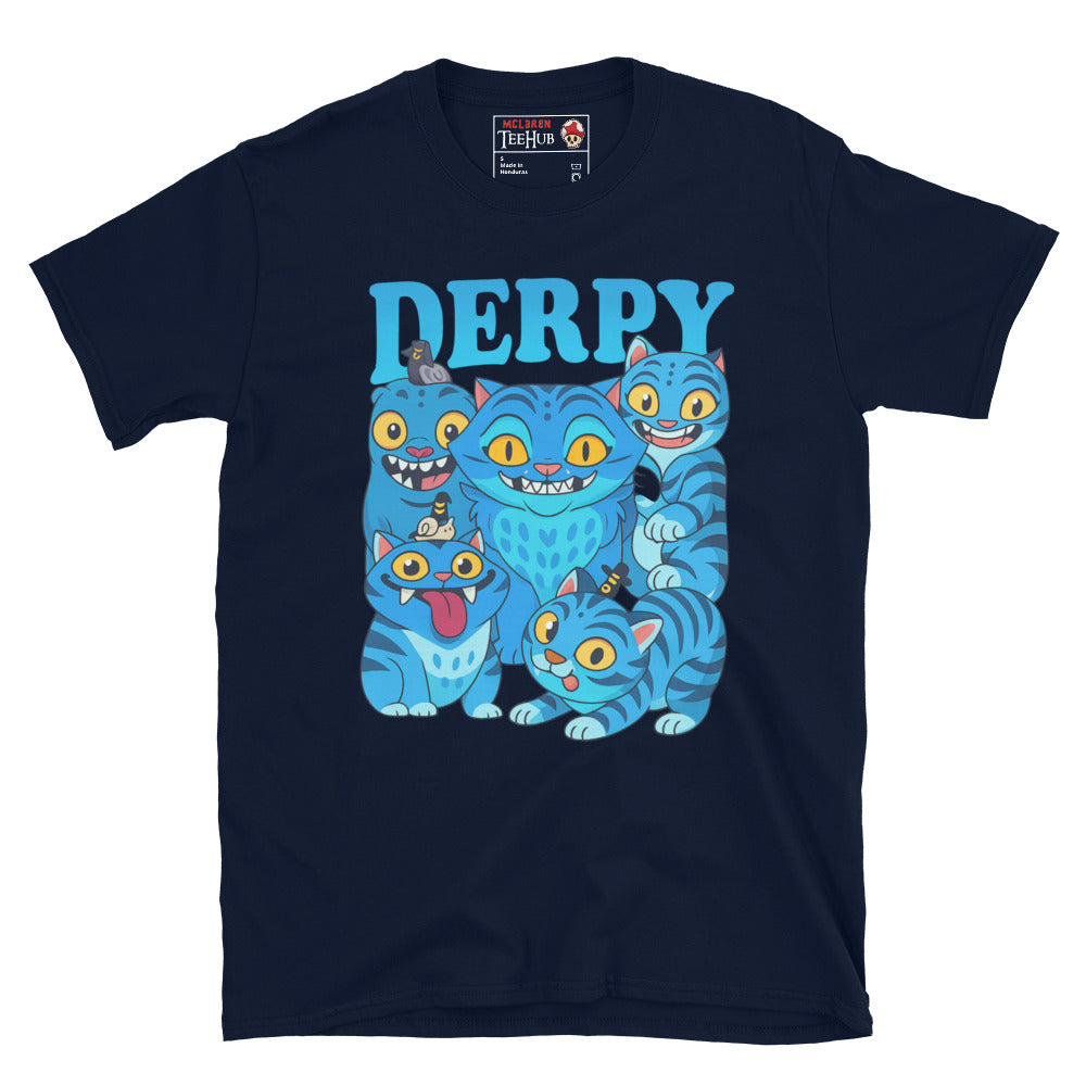 K-Pop Demon Hunters DERPY Demon Navy T-Shirt featuring blue cartoon demon with playful expressions – Exclusive McLaren T-Hub design