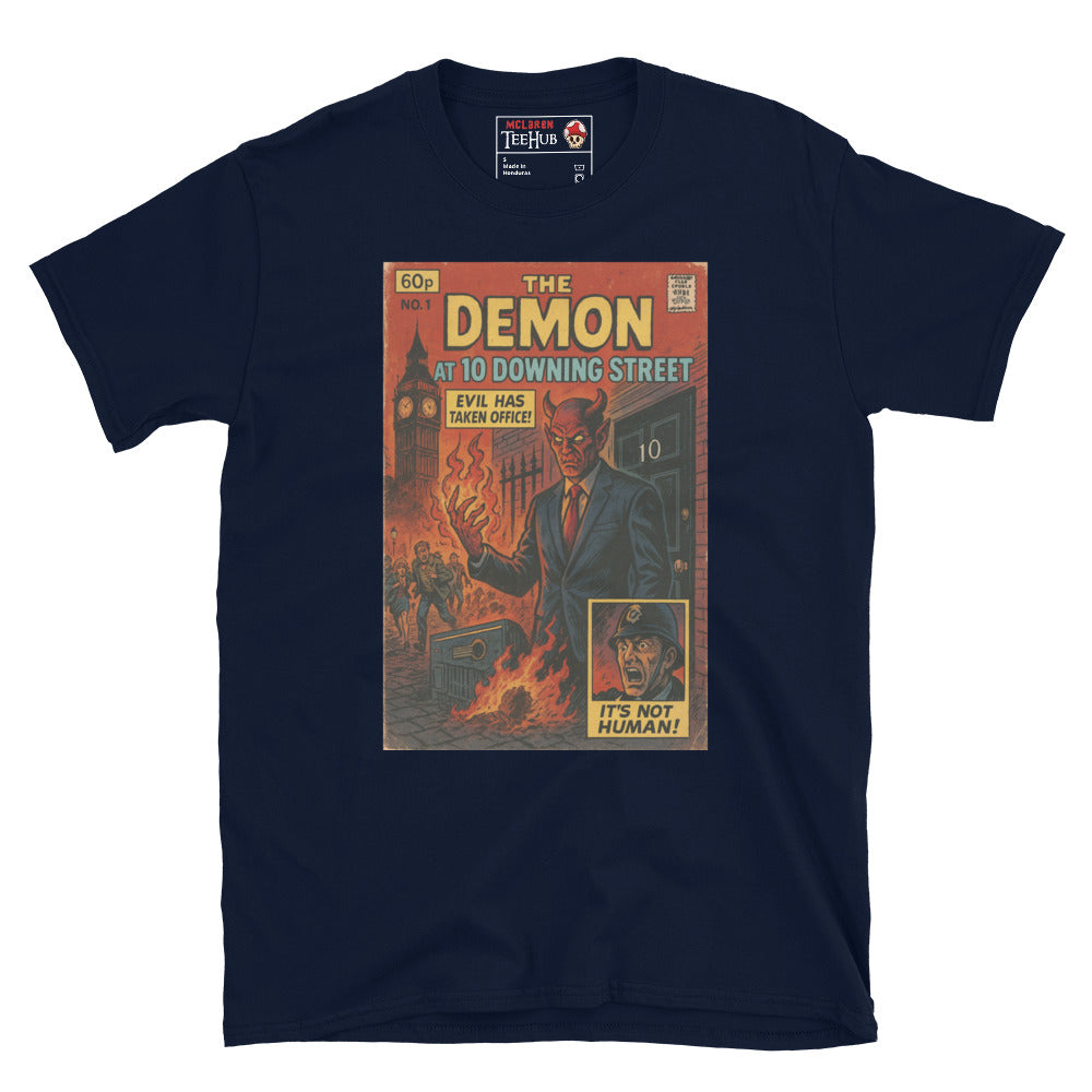Retro comic-style navy T-shirt design featuring The Demon at 10 Downing Street with fiery London chaos, exclusive to McLaren T-Hub.