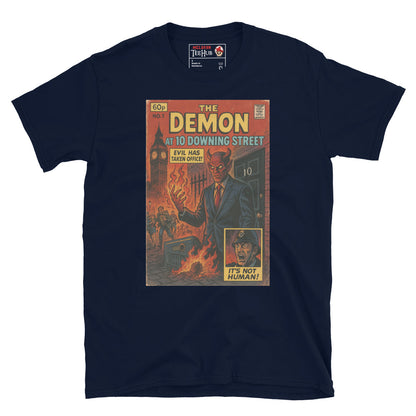 Retro comic-style navy T-shirt design featuring The Demon at 10 Downing Street with fiery London chaos, exclusive to McLaren T-Hub.