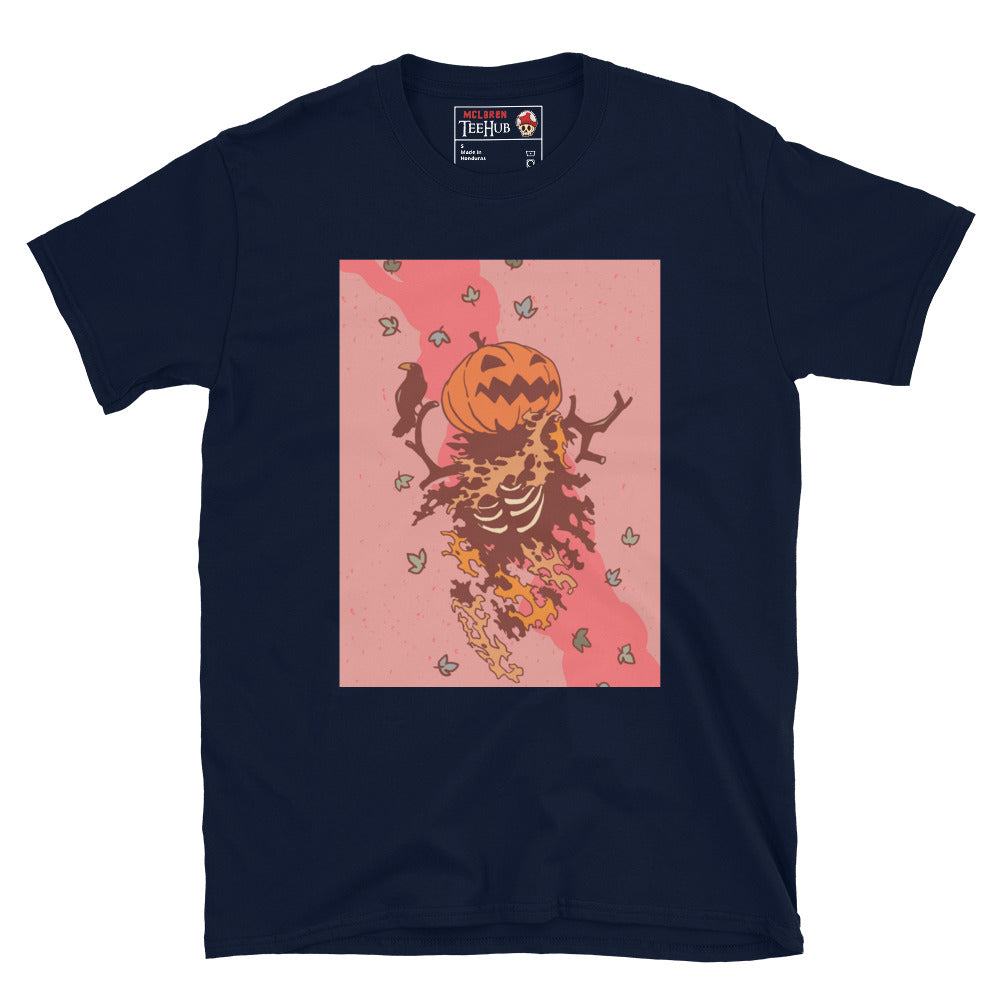 Navy T-shirt with a fiery skeleton design featuring a jack-o’-lantern pumpkin head, raven, autumn leaves, and Halloween horror aesthetic – McLaren TeeHub exclusive.