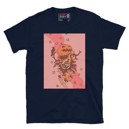 Navy T-shirt with a fiery skeleton design featuring a jack-o’-lantern pumpkin head, raven, autumn leaves, and Halloween horror aesthetic – McLaren TeeHub exclusive.