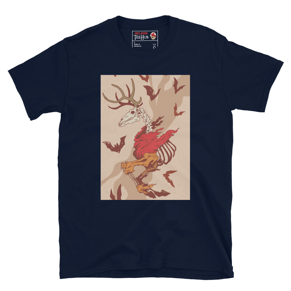 Wendigo Horror T-Shirt – navy tee with skeletal stag skull and bats – McLaren TeeHub exclusive