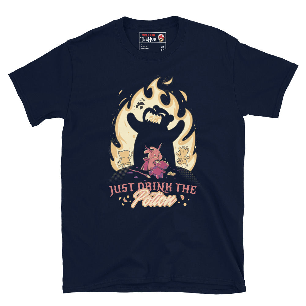 Dark fantasy cartoon villain potion shirt – Navy Halloween graphic tee – McLaren TeeHub limited edition