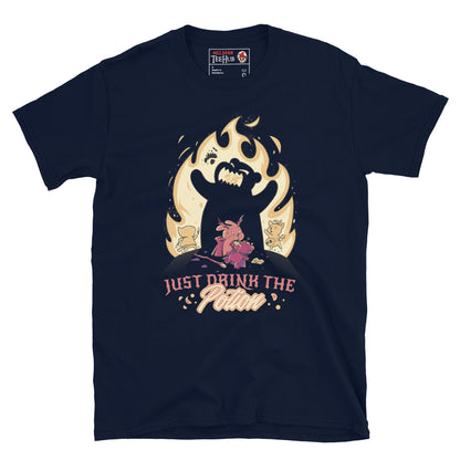Dark fantasy cartoon villain potion shirt – Navy Halloween graphic tee – McLaren TeeHub limited edition