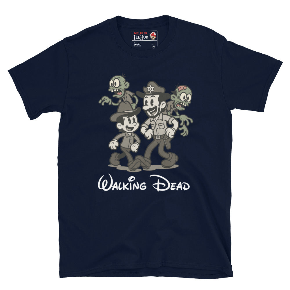Walking Dead Retro Cartoon Navy T-Shirt featuring Rick Grimes, Carl, and zombies in vintage animation style – Exclusive McLaren T-Hub Horror Streetwear