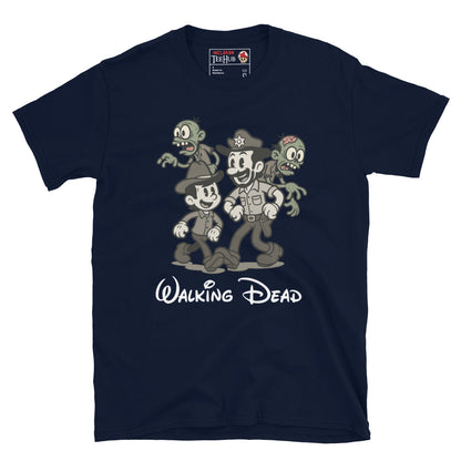 Walking Dead Retro Cartoon Navy T-Shirt featuring Rick Grimes, Carl, and zombies in vintage animation style – Exclusive McLaren T-Hub Horror Streetwear