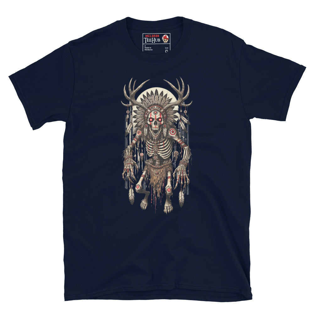 Navy T-shirt featuring a detailed Wendigo design with skeletal body, antler crown, tribal feathers, and haunting horror aesthetic