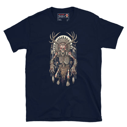 Navy T-shirt featuring a detailed Wendigo design with skeletal body, antler crown, tribal feathers, and haunting horror aesthetic