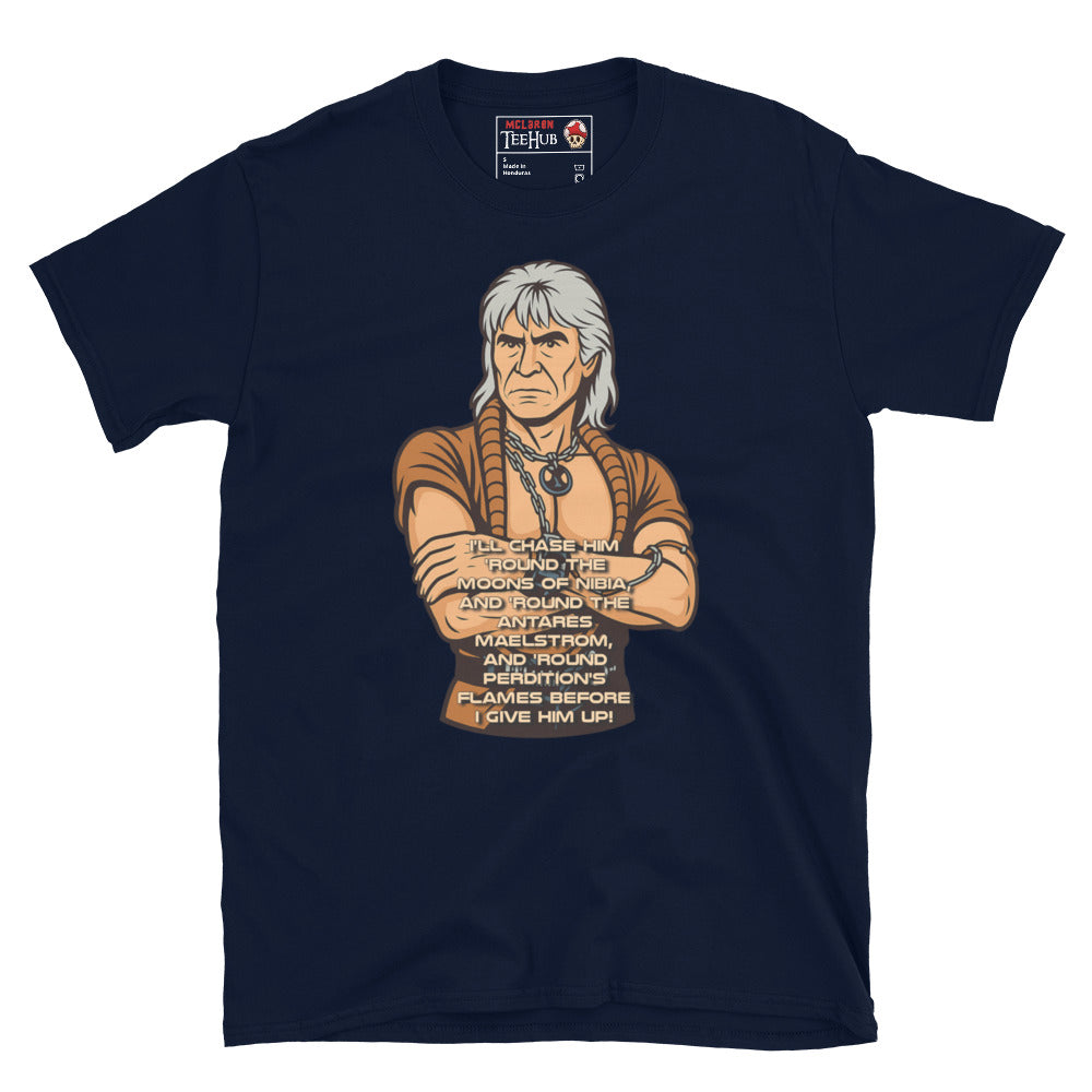 Stylized cartoon of Khan Noonien Singh from Star Trek II: The Wrath of Khan with famous quote printed below, exclusive McLaren TeeHub T-shirt. Navy Colour.