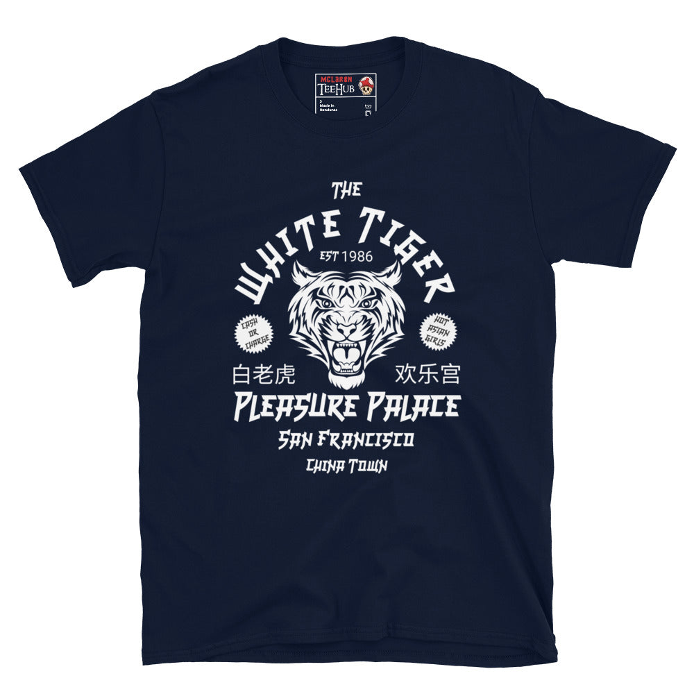 White Tiger Pleasure Palace t-shirt featuring retro Chinatown-inspired artwork and tiger emblem inspired by the cult fantasy action movie Big Trouble in Little China. Navy