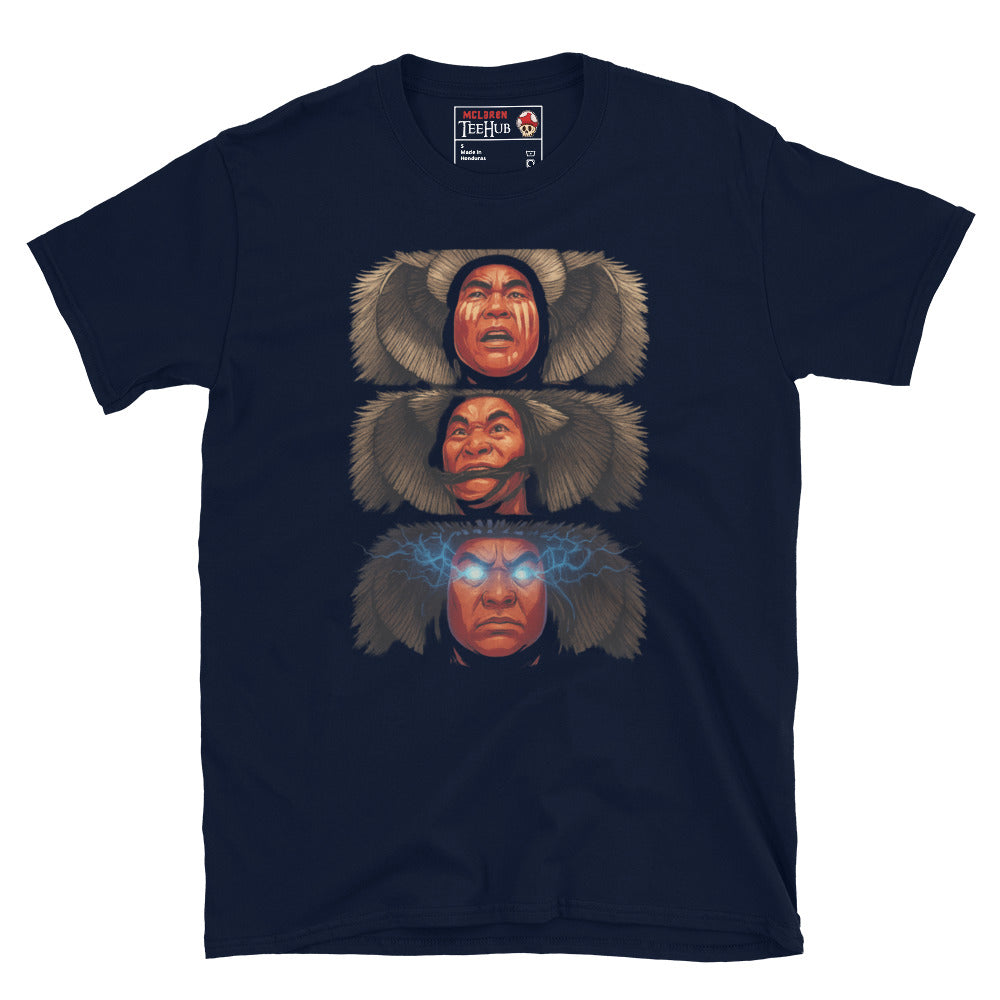 Three Storms inspired t-shirt featuring Thunder Rain and Lightning character artwork from the classic fantasy action cult movie Big trouble in Little China. Navy
