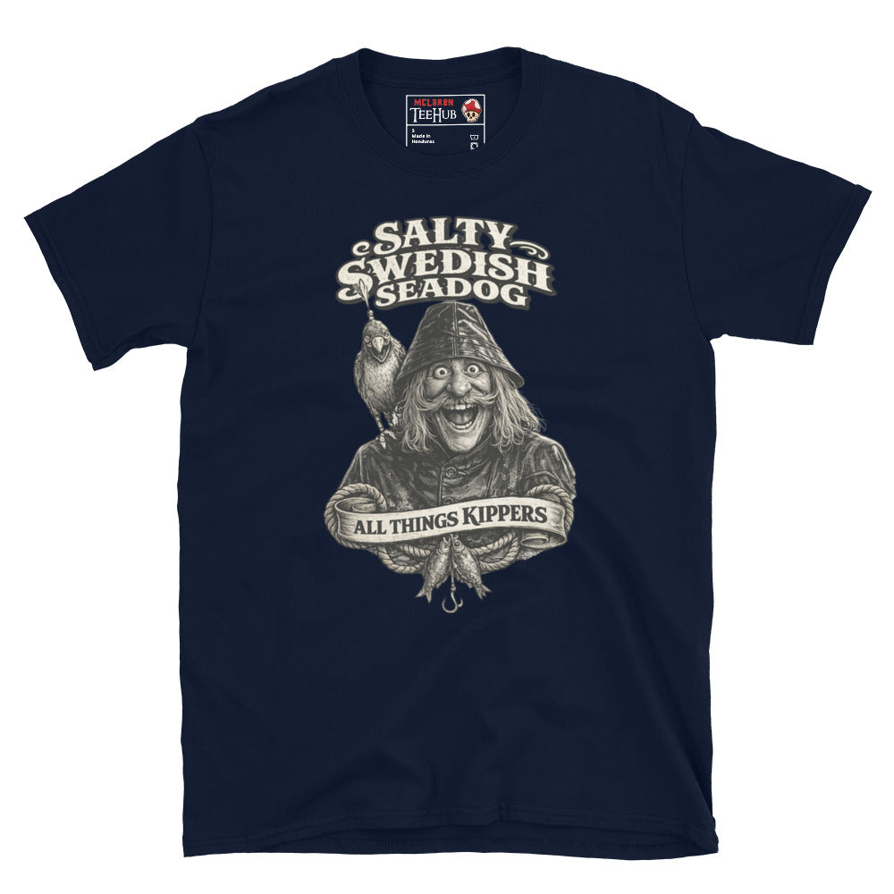 Inspector Clouseau Salty Swedish Seadog t-shirt with vintage nautical illustration of fisherman character and retro typography, navy