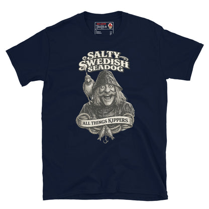 Inspector Clouseau Salty Swedish Seadog t-shirt with vintage nautical illustration of fisherman character and retro typography, navy