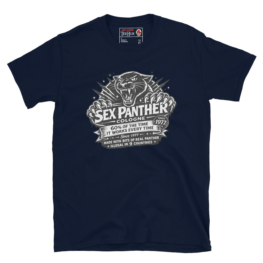 Sex Panther Cologne t-shirt with vintage label design and panther graphic inspired by Anchorman movie, Navy