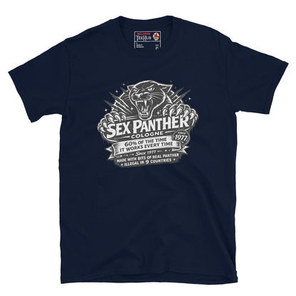 Sex Panther Cologne t-shirt with vintage label design and panther graphic inspired by Anchorman movie, Navy
