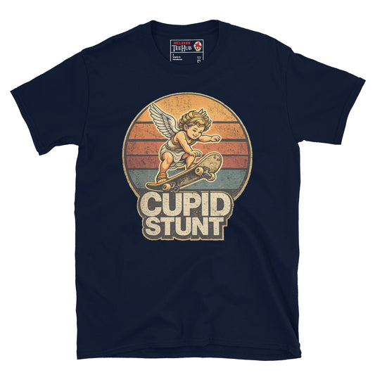 Cupid Stunt skateboard t-shirt featuring a vintage winged cupid performing a skateboard trick against a retro sunset background. Navy