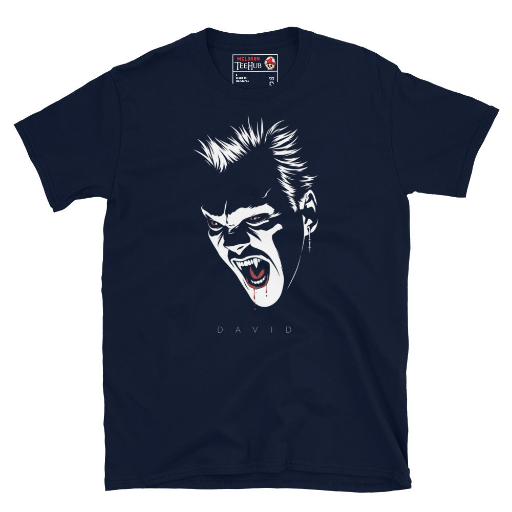 David vampire The Lost Boys inspired t-shirt featuring minimalist monochrome horror artwork with red eyes and vampire fangs. Navy