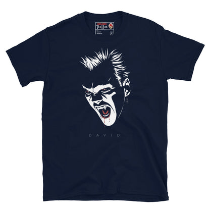 David vampire The Lost Boys inspired t-shirt featuring minimalist monochrome horror artwork with red eyes and vampire fangs. Navy