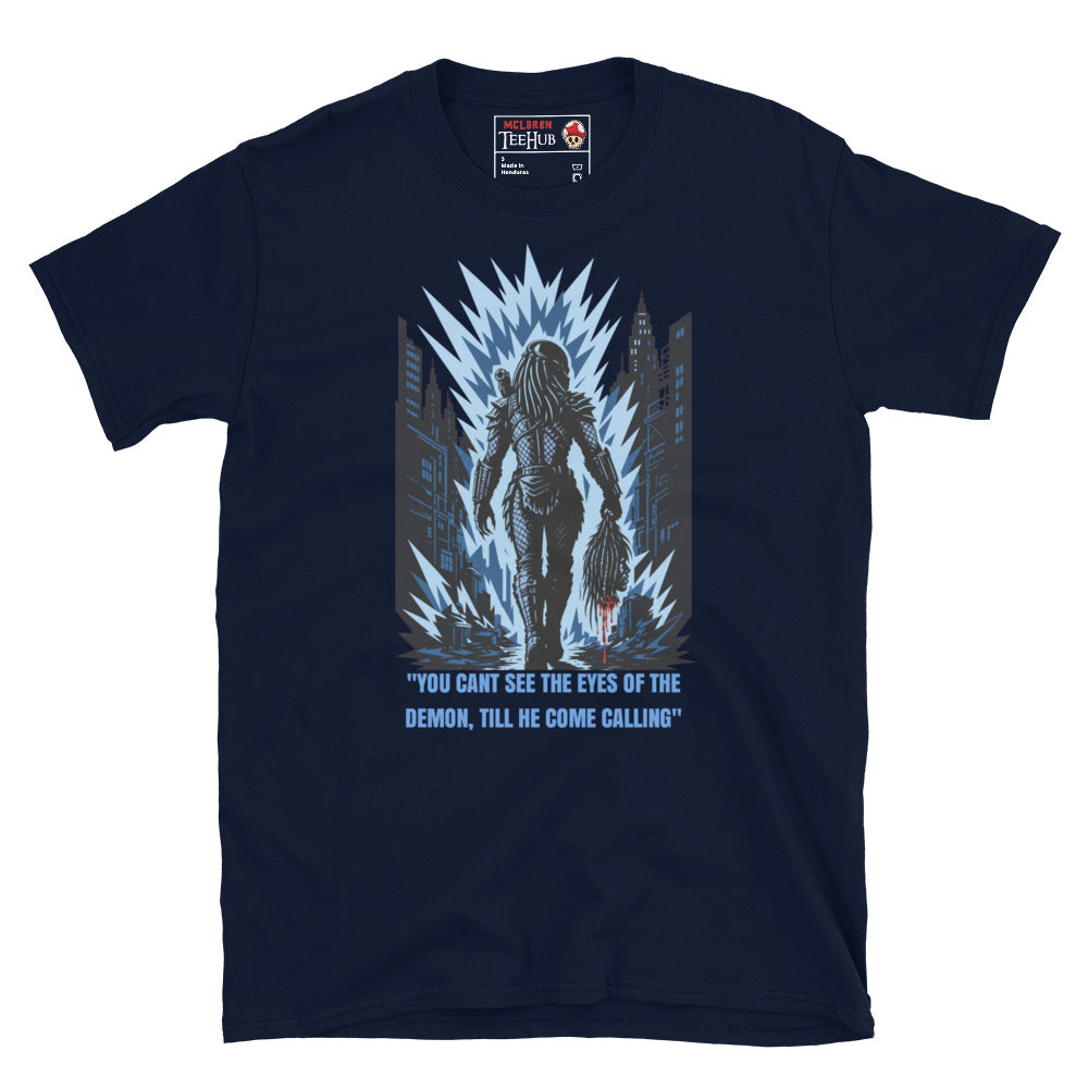 King Willie Predator inspired t-shirt featuring urban hunter artwork and iconic sci-fi horror quote design. Navy