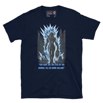 King Willie Predator inspired t-shirt featuring urban hunter artwork and iconic sci-fi horror quote design. Navy