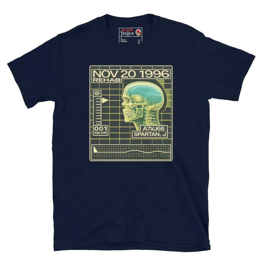 John Spartan The Demolition Man Cryo Readout inspired t-shirt featuring futuristic rehabilitation scanner artwork and retro sci-fi interface design. Navy