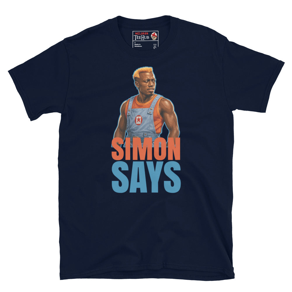 Simon Says inspired t-shirt featuring the villain Simon Phoenix from the classic sci-fi action movie Demolition Man. Navy