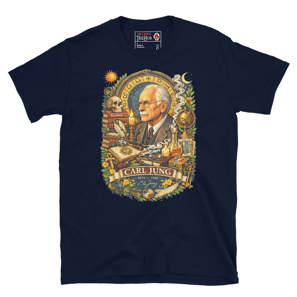 Detailed Carl Jung psychology graphic t-shirt featuring archetypes, alchemy, dream symbolism, books and analytical psychology imagery. Navy