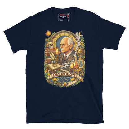 Detailed Carl Jung psychology graphic t-shirt featuring archetypes, alchemy, dream symbolism, books and analytical psychology imagery. Navy