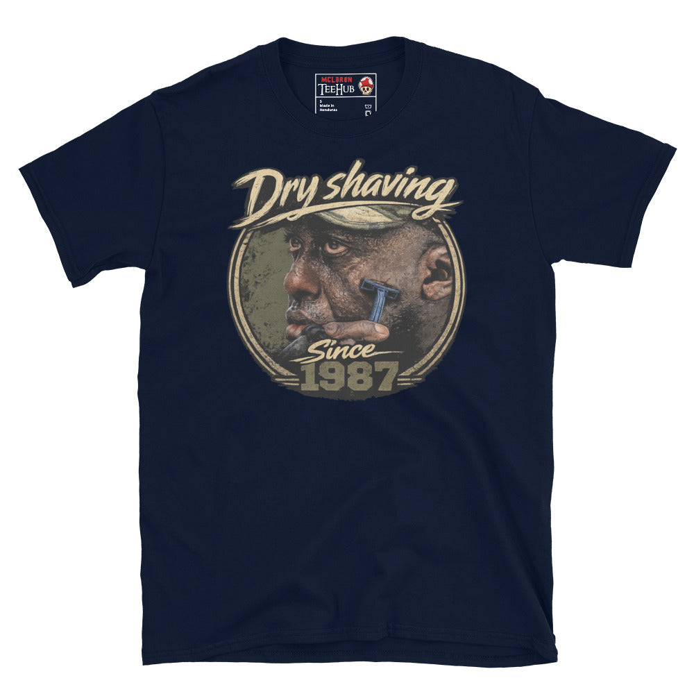 Navy Predator 1987 Dry Shaving Since 1987 T-Shirt with distressed vintage portrait graphic of Mac