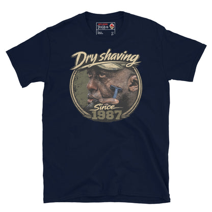Navy Predator 1987 Dry Shaving Since 1987 T-Shirt with distressed vintage portrait graphic of Mac