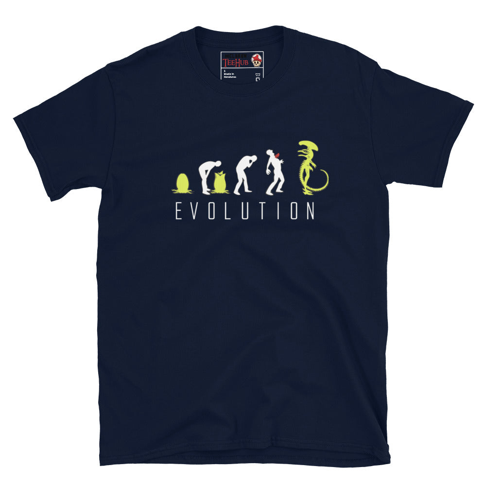 Navy Alien Xenomorph Evolution t-shirt with March of Progress parody graphic showing egg facehugger chestburster and full Xenomorph silhouette.