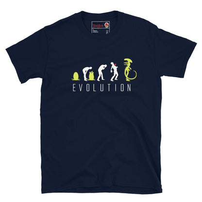 Navy Alien Xenomorph Evolution t-shirt with March of Progress parody graphic showing egg facehugger chestburster and full Xenomorph silhouette.