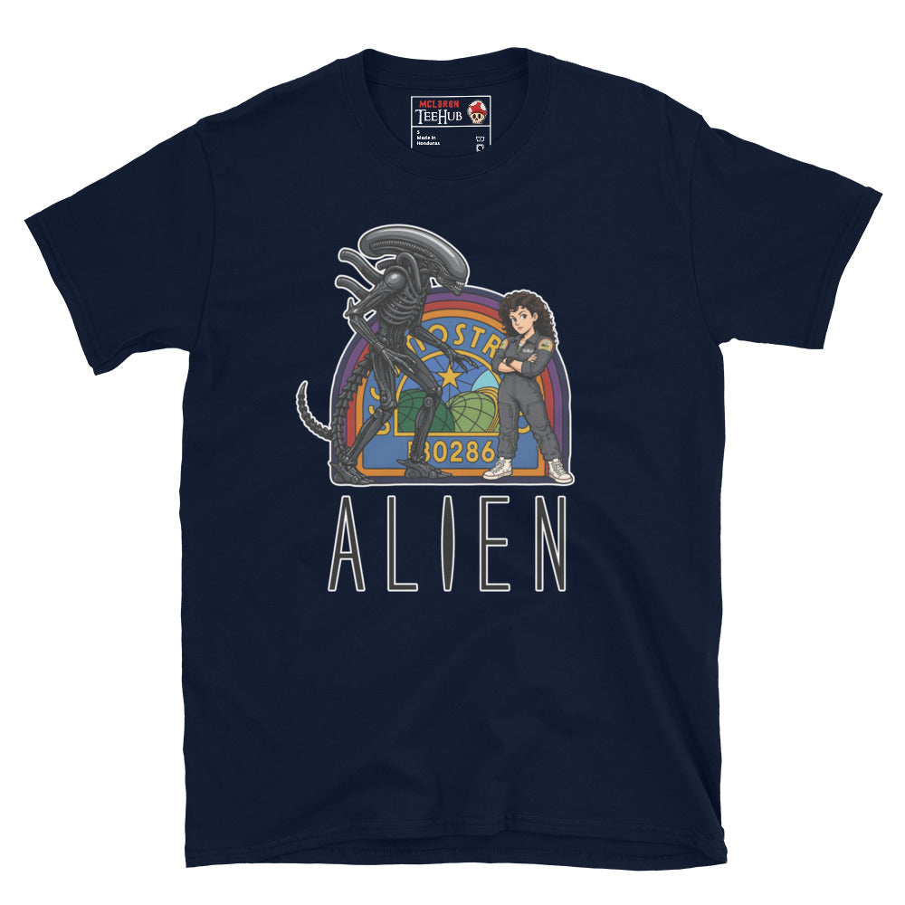 Navy Blue Alien movie retro poster t-shirt featuring Ellen Ripley leaning against Xenomorph in front of Nostromo badge with rainbow colours and ALIEN typography