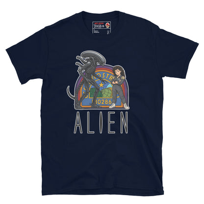 Navy Blue Alien movie retro poster t-shirt featuring Ellen Ripley leaning against Xenomorph in front of Nostromo badge with rainbow colours and ALIEN typography