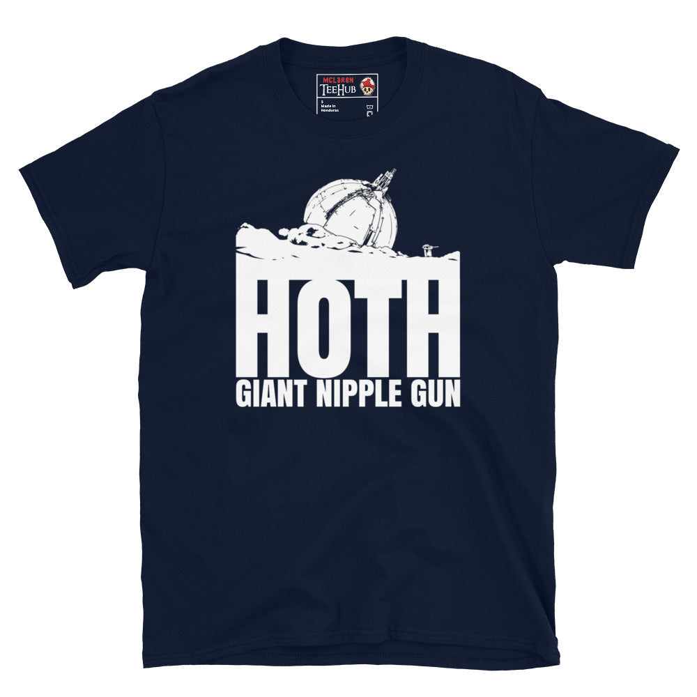 Navy Hoth Giant Nipple Gun Star Wars parody t-shirt with white ion cannon illustration emerging from snow and bold Hoth Giant Nipple Gun typography
