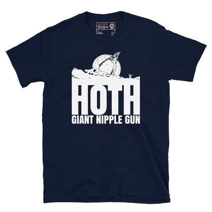 Navy Hoth Giant Nipple Gun Star Wars parody t-shirt with white ion cannon illustration emerging from snow and bold Hoth Giant Nipple Gun typography