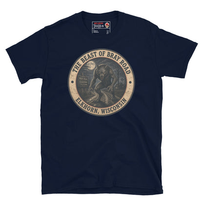 Navy Beast of Bray Road Elkhorn Wisconsin t-shirt with vintage distressed badge featuring snarling werewolf figure on moonlit road with Bray Road signpost.