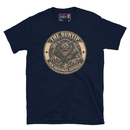 Navy Bunyip New South Wales Australia t-shirt with vintage distressed badge featuring shaggy dark Bunyip rising from water with glowing amber eyes savage fangs and claws.