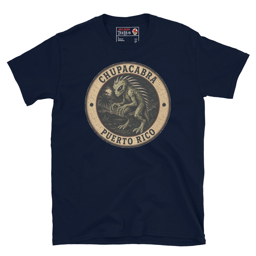 Navy Chupacabra Puerto Rico t-shirt with vintage distressed badge featuring original reptilian Chupacabra with scaled body dorsal spines alien eyes and claws in tropical night scene.