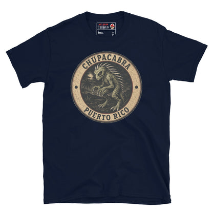 Navy Chupacabra Puerto Rico t-shirt with vintage distressed badge featuring original reptilian Chupacabra with scaled body dorsal spines alien eyes and claws in tropical night scene.