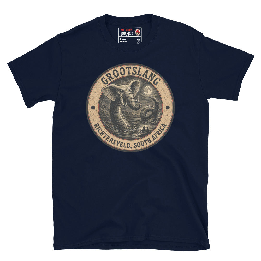 Navy Grootslang Richtersveld South Africa t-shirt with vintage distressed badge featuring elephant headed serpent cryptid rising from moonlit water dwarfing tiny boat figures below.