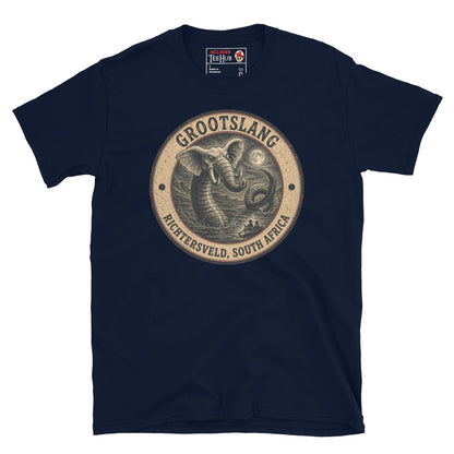 Navy Grootslang Richtersveld South Africa t-shirt with vintage distressed badge featuring elephant headed serpent cryptid rising from moonlit water dwarfing tiny boat figures below.
