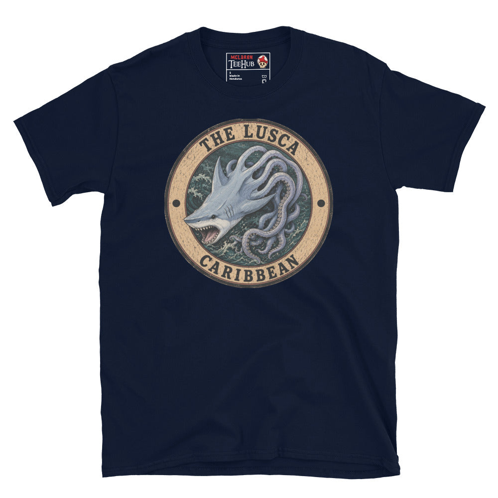 Navy Lusca Caribbean sea monster t-shirt with vintage distressed badge featuring half shark half octopus cryptid with open jaws and writhing tentacles in stormy Caribbean waters.