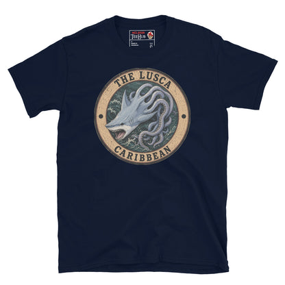 Navy Lusca Caribbean sea monster t-shirt with vintage distressed badge featuring half shark half octopus cryptid with open jaws and writhing tentacles in stormy Caribbean waters.