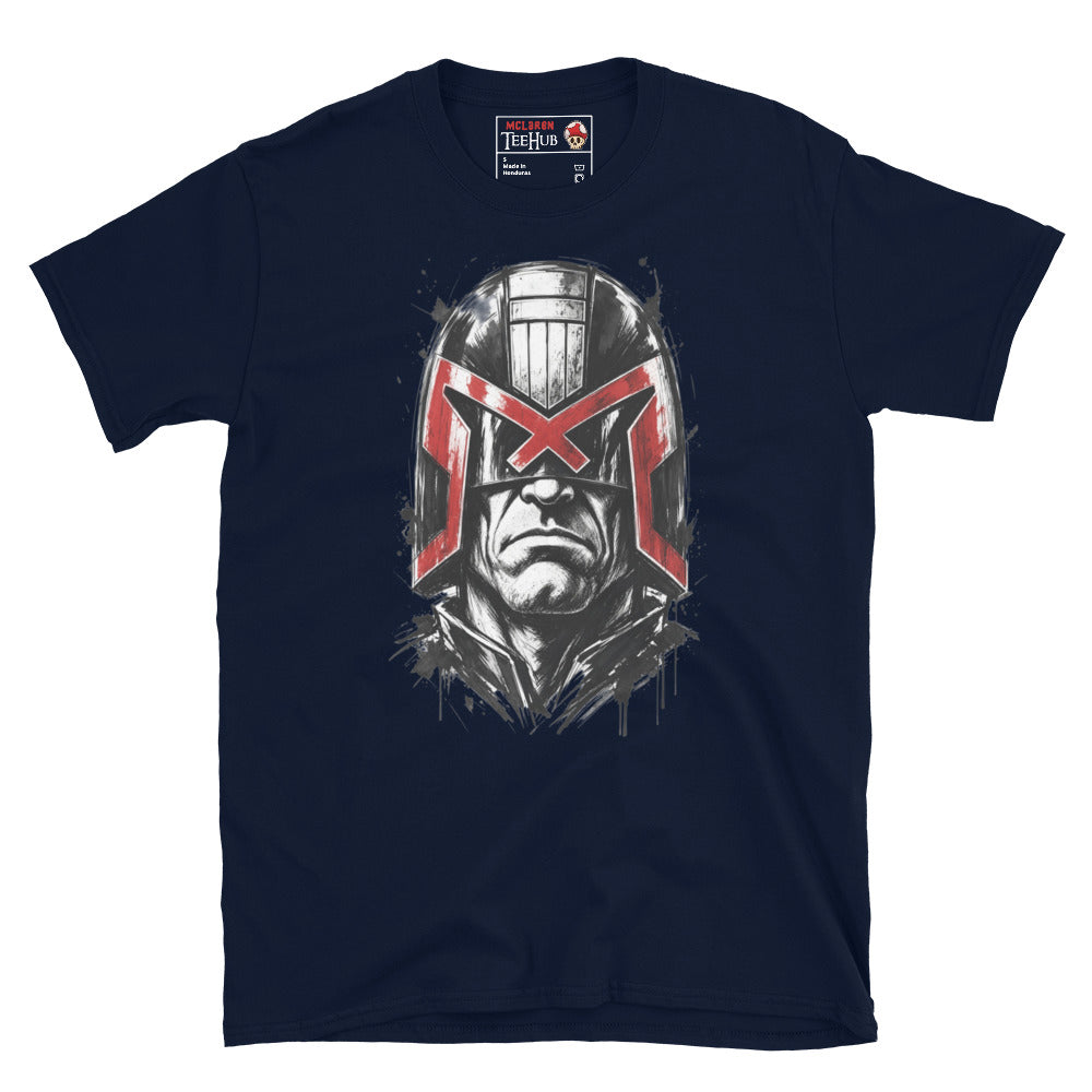 Navy Judge Dredd t-shirt with dramatic ink splatter portrait featuring iconic helmet and bold red eagle visor with high contrast black ink sketch detail and splatter accents