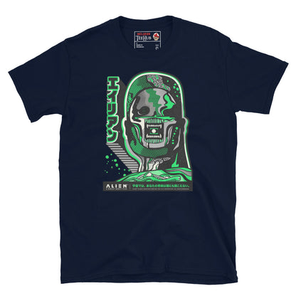 Navy Alien 1979 Japanese poster style t-shirt with kaiju manga Xenomorph illustration in acid green and grey with katakana Alien typography and Ridley Scott Film branding