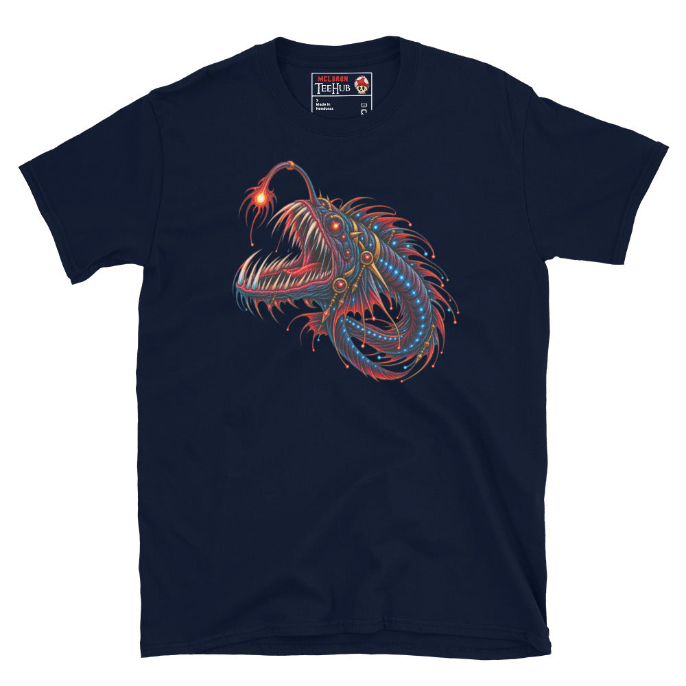 Navy dragonfish deep sea fantasy art t-shirt with stunning full body bioluminescent illustration featuring glowing red lure savage fang jaw blue photophore orbs and trailing red gold filaments