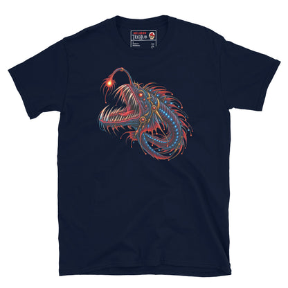 Navy dragonfish deep sea fantasy art t-shirt with stunning full body bioluminescent illustration featuring glowing red lure savage fang jaw blue photophore orbs and trailing red gold filaments