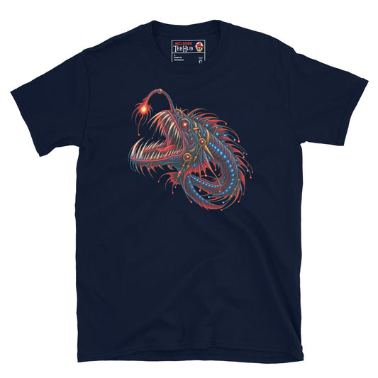 Navy dragonfish deep sea fantasy art t-shirt with stunning full body bioluminescent illustration featuring glowing red lure savage fang jaw blue photophore orbs and trailing red gold filaments