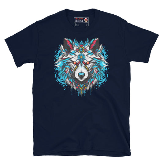 Navy wolf sacred geometry spirit animal t-shirt with breathtaking white wolf portrait featuring burning red eyes gold third eye orb teal fur mane red accent feathers swirling energy patterns and gold geometry drips